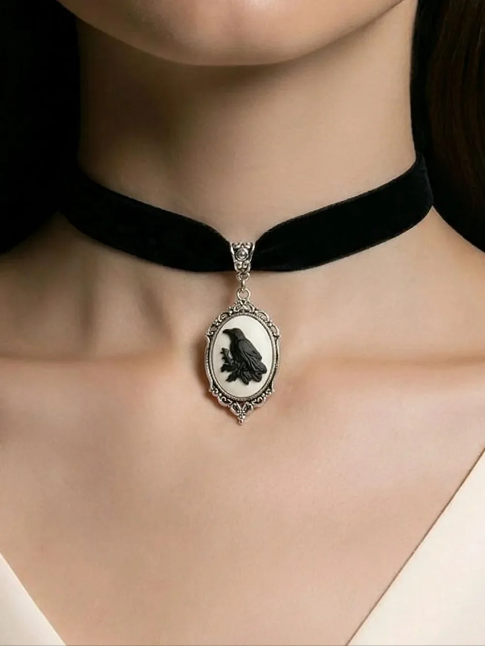 Dark Romance Raven Cameo Choker Black Velvet Gothic Glam Elegance Crow Necklace